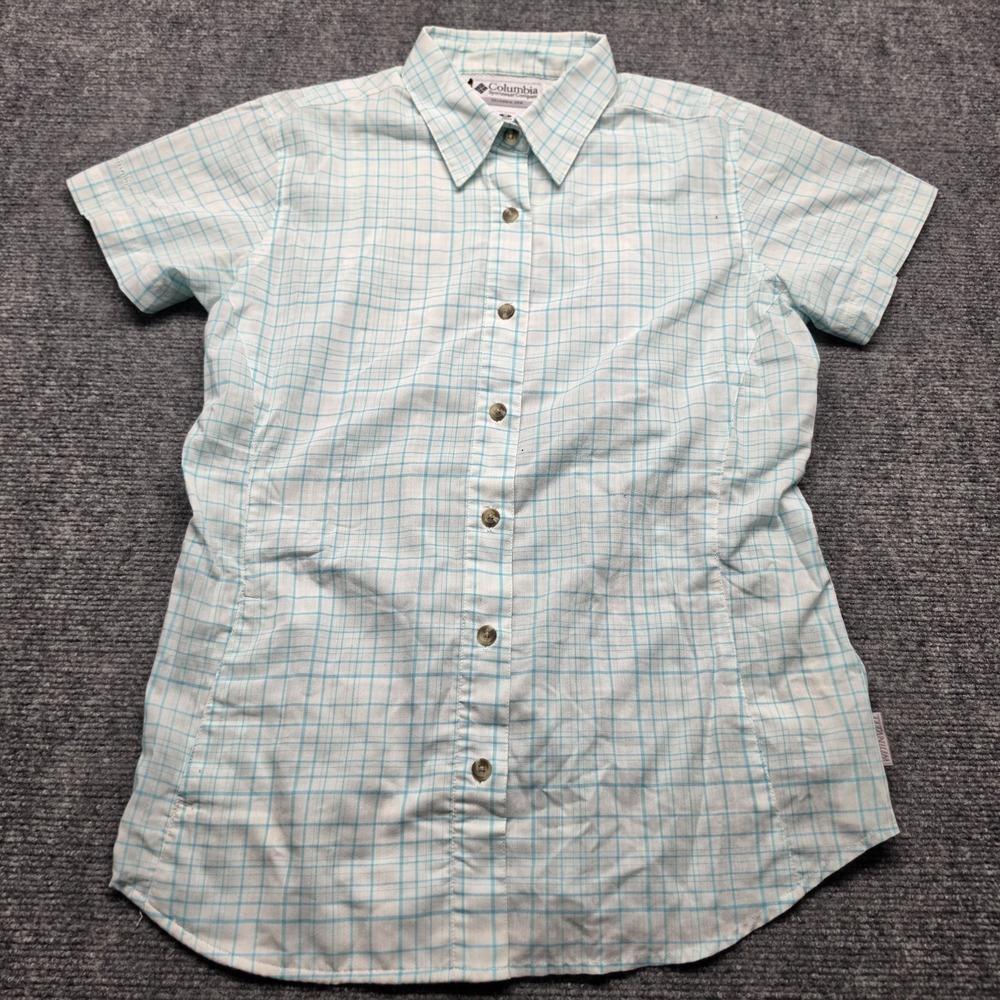 Columbia Titanium Womens M Shirt Plaid Short Sleeve Hiking Top Aqua Grid Checked - Picture 2 of 12